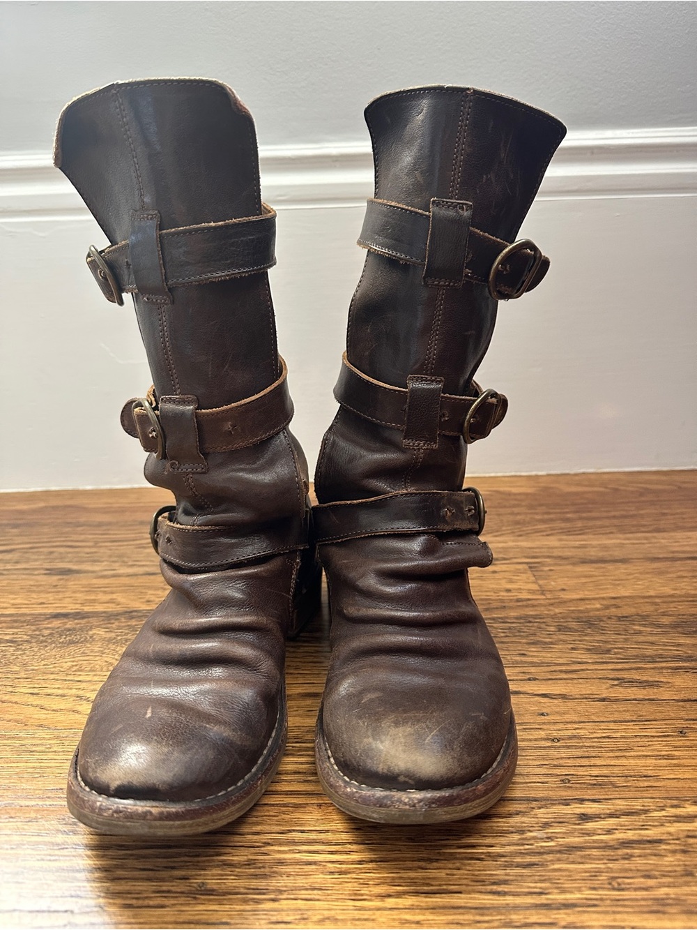 Fiorentini + Baker Brown Leather, Buckle Mid-Calf, Biker Boots. US size 6.5.